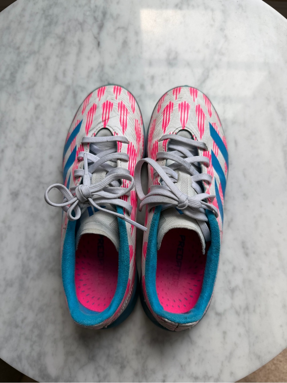 adidas Kids INDOOR soccer cleats with Pink Pattern and Blue Accents